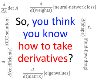 The text "So, you think you know how to take derivatives?" surrounded by derivatives.