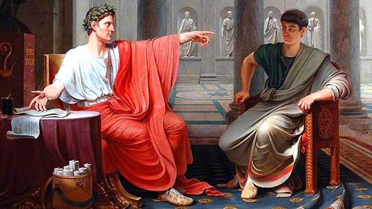 This painting depicts Emperor Augustus, seated and wearing a white and red toga, pointing at a man seated across from him.