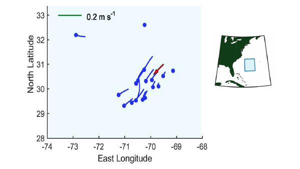 Left: Short blue lines with blue dot at one end on 2D coordinate. Right: A blue square on a map.